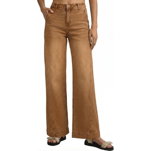 image:imageSidefeel Womens Wide Leg Jeans High Waisted Stretchy Baggy Side Seam Denim Pants with Slanted PocketsBrown
