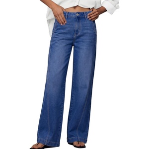 image:imageSidefeel Womens Wide Leg Jeans High Waisted Stretchy Baggy Side Seam Denim Pants with Slanted PocketsDark Blue