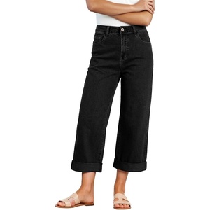 image:imageSidefeel Womens Wide Leg Jeans High Waisted Stretchy Cropped Ankle Capri Rolled Hem Denim PantsBlack