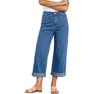image:imageSidefeel Womens Wide Leg Jeans High Waisted Stretchy Cropped Ankle Capri Rolled Hem Denim PantsBlue