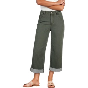 image:imageSidefeel Womens Wide Leg Jeans High Waisted Stretchy Cropped Ankle Capri Rolled Hem Denim PantsGreen