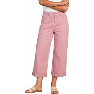 image:imageSidefeel Womens Wide Leg Jeans High Waisted Stretchy Cropped Ankle Capri Rolled Hem Denim PantsPink