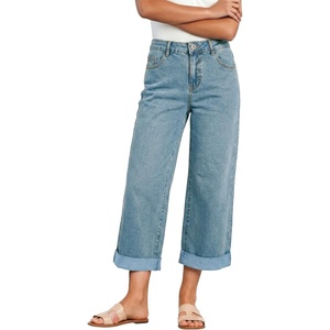 image:imageSidefeel Womens Wide Leg Jeans High Waisted Stretchy Cropped Ankle Capri Rolled Hem Denim PantsVintage Blue