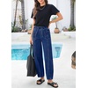 image:imageSidefeel Womens Baggy Wide Leg Jeans Elastic Waist Drawstring Front Seam Ankle High Waisted Barrel JeansBluing