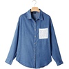 image:imageSidefeel Womens Denim Shirt Button Down Long Sleeve Jean Shirt Shackt with Lace Pocket Denim TopDark Blue