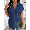 image:imageSidefeel Womens Denim Shirt Button Down V Neck Short Sleeve Jean Shirts Trendy Casual Loose Denim Tops with Oversized FitDark Blue