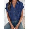 image:imageSidefeel Womens Denim Shirt Button Down V Neck Short Sleeve Jean Shirts Trendy Casual Loose Denim Tops with Oversized FitDark Blue