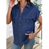image:imageSidefeel Womens Denim Shirt Button Down V Neck Short Sleeve Jean Shirts Trendy Casual Loose Denim Tops with Oversized FitDark Blue