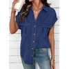 image:imageSidefeel Womens Denim Shirt Button Down V Neck Short Sleeve Jean Shirts Trendy Casual Loose Denim Tops with Oversized FitDark Blue