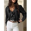 image:imageSidefeel Womens Denim Shirt Ruffled Edge V Neck Casual Long Sleeve 2026 Fall Jean Blouses TopsBlack