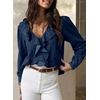 image:imageSidefeel Womens Denim Shirt Ruffled Edge V Neck Casual Long Sleeve 2026 Fall Jean Blouses TopsBluing