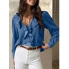 image:imageSidefeel Womens Denim Shirt Ruffled Edge V Neck Casual Long Sleeve 2026 Fall Jean Blouses TopsDark Blue
