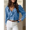 image:imageSidefeel Womens Denim Shirt Ruffled Edge V Neck Casual Long Sleeve 2026 Fall Jean Blouses TopsLight Blue