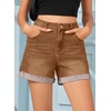 image:imageSidefeel Womens Jean Shorts High Waisted Stretchy Folded Hem Casual Trendy Patchwork Loose Fit Summer Denim ShortsBrown