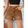 image:imageSidefeel Womens Jean Shorts High Waisted Stretchy Folded Hem Casual Trendy Patchwork Loose Fit Summer Denim ShortsBrown