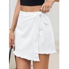 image:imageSidefeel Womens Jean Skirt High Waisted Raw Hem Stretchy Asymmetrical Side Tie Wrap Denim Mini SkortWhite