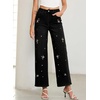 image:imageSidefeel Womens Straight Leg Embroidered Jeans High Waisted Stretchy Wide Leg Denim PantsBlack