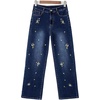image:imageSidefeel Womens Straight Leg Embroidered Jeans High Waisted Stretchy Wide Leg Denim PantsBluing