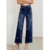 image:imageSidefeel Womens Straight Leg Embroidered Jeans High Waisted Stretchy Wide Leg Denim PantsBluing