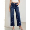 image:imageSidefeel Womens Straight Leg Embroidered Jeans High Waisted Stretchy Wide Leg Denim PantsBluing