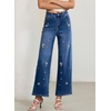image:imageSidefeel Womens Straight Leg Embroidered Jeans High Waisted Stretchy Wide Leg Denim PantsDark Blue
