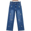 image:imageSidefeel Womens Straight Leg Embroidered Jeans High Waisted Stretchy Wide Leg Denim PantsDark Blue