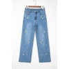 image:imageSidefeel Womens Straight Leg Embroidered Jeans High Waisted Stretchy Wide Leg Denim PantsLight Blue
