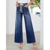 image:imageSidefeel Womens Wide Leg Jeans High Waisted Stretchy Baggy Elastic Waist Drawstring Ankle Denim Jeans with PocketsBluing