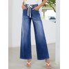 image:imageSidefeel Womens Wide Leg Jeans High Waisted Stretchy Baggy Elastic Waist Drawstring Ankle Denim Jeans with PocketsDark Blue