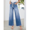 image:imageSidefeel Womens Wide Leg Jeans High Waisted Stretchy Baggy Elastic Waist Drawstring Ankle Denim Jeans with PocketsIceland Blue