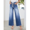 image:imageSidefeel Womens Wide Leg Jeans High Waisted Stretchy Baggy Elastic Waist Drawstring Ankle Denim Jeans with PocketsLight Blue