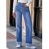 image:imageSidefeel Womens Wide Leg Jeans High Waisted Stretchy Distressed Straight Leg Folded Hem Loose Denim PantsBlue