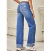 image:imageSidefeel Womens Wide Leg Jeans High Waisted Stretchy Distressed Straight Leg Folded Hem Loose Denim PantsBlue