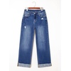 image:imageSidefeel Womens Wide Leg Jeans High Waisted Stretchy Distressed Straight Leg Folded Hem Loose Denim PantsBluing
