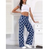 image:imageSidefeel Womens Wide Leg Jeans High Waisted Stretchy Straight Leg Checkered Loose Denim PantsBlue