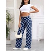 image:imageSidefeel Womens Wide Leg Jeans High Waisted Stretchy Straight Leg Checkered Loose Denim PantsDark Blue