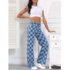 image:imageSidefeel Womens Wide Leg Jeans High Waisted Stretchy Straight Leg Checkered Loose Denim PantsIceland Blue