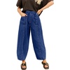image:imageSidefeel Womens Baggy Wide Leg Jeans Elastic Waist Drawstring Front Seam Ankle High Waisted Barrel JeansBluing