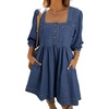 image:imageSidefeel Womens Spring Outfit Denim Dress 34 Sleeve Loose Fit Square Neck Summer Jean Dresses with PocketsDark Blue