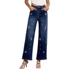 image:imageSidefeel Womens Straight Leg Embroidered Jeans High Waisted Stretchy Wide Leg Denim PantsBluing