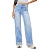 image:imageSidefeel Womens Wide Leg Jeans High Waisted Stretchy Distressed Straight Leg Folded Hem Loose Denim PantsIceland Blue