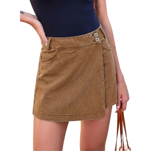 image:imageSidefeel Skorts for Woman Casual High Waisted Stretchy Jean Shorts Trendy Asymmetrical Summer Denim Mini Skirts with PocketsBrown