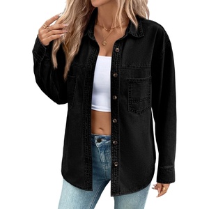 image:imageSidefeel Women Denim Shirts Oversized Long Sleeve Button Down Blouse V Neck Casual Top ShacketsBlack