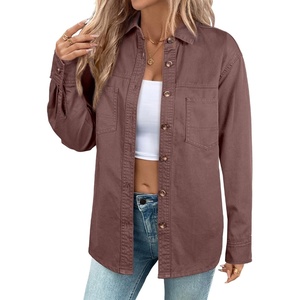 image:imageSidefeel Women Denim Shirts Oversized Long Sleeve Button Down Blouse V Neck Casual Top ShacketsBrown