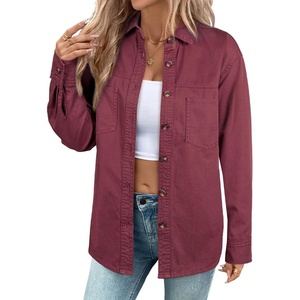 image:imageSidefeel Women Denim Shirts Oversized Long Sleeve Button Down Blouse V Neck Casual Top ShacketsBurgundy