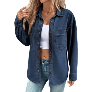 image:imageSidefeel Women Denim Shirts Oversized Long Sleeve Button Down Blouse V Neck Casual Top ShacketsDark Blue