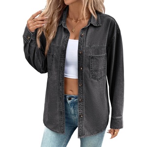 image:imageSidefeel Women Denim Shirts Oversized Long Sleeve Button Down Blouse V Neck Casual Top ShacketsGray