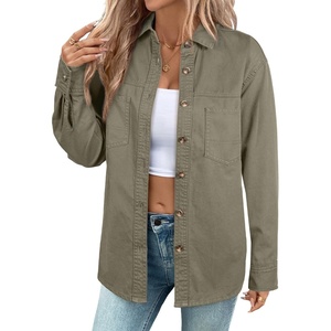 image:imageSidefeel Women Denim Shirts Oversized Long Sleeve Button Down Blouse V Neck Casual Top ShacketsGreen