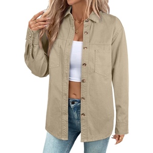 image:imageSidefeel Women Denim Shirts Oversized Long Sleeve Button Down Blouse V Neck Casual Top ShacketsKhaki