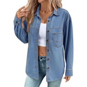 image:imageSidefeel Women Denim Shirts Oversized Long Sleeve Button Down Blouse V Neck Casual Top ShacketsLight Blue